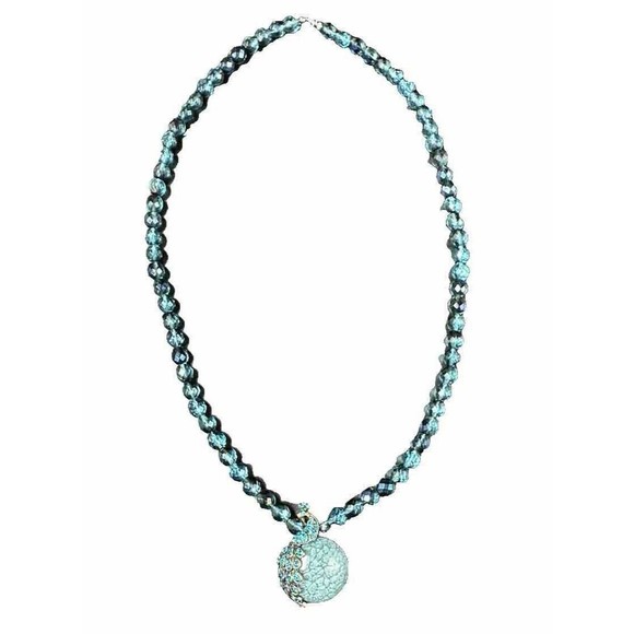 Turquoise Colored Crystal Beaded Costume Necklace Round Rhinestone Medalion - Picture 4 of 6